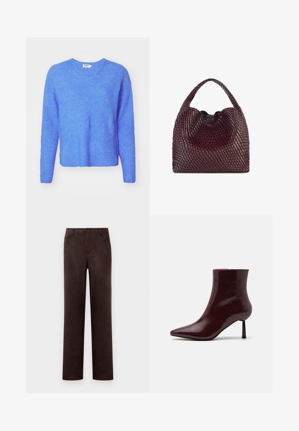 Kék gumis kötésű pulóver V nyakkal, hosszú ujjakkal és laza szabással. Puha, textúrált anyagból készült. A címke "ONLY" feliratot tartalmaz.; Egyenes szárú, sötétbarna velúr nadrág elöl gombbal és cipzárral, övhurkokkal és oldalsó zsebekkel.; Burgundi színű, lakkozott bőrből készült bokacsizma, hegyes orral és karcsú stiletto sarokkal, sima, fényes textúrával és minimalista dizájnnal.; Szövetből készült bordó kézitáska, lekerekített formával és egyetlen füllel, amelynek texturált felülete van és rugalmas zsinórzárja.