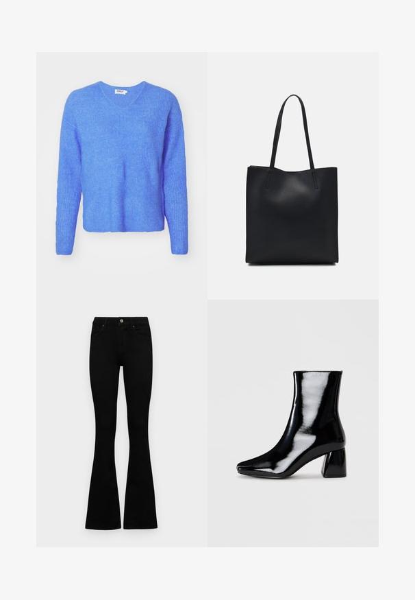 Blauwe ribgebreide trui met een V-hals, lange mouwen en een relaxed fit. Gemaakt van een zachte, gestructureerde stof. Etiket leest "ONLY."; Zwarte hoge taille jeans met een knoop- en ritssluiting, voorzakken en een flared pijp, plat gelegd op een witte achtergrond.; Zwarte gepatineerde enkelboot met een spitse neus en een vierkante blokhak. Gladde textuur met een hoogglanzende afwerking, zonder zichtbare versieringen.; Zwarte leren handtas met een gladde textuur, rechthoekige vorm en twee lange handvaten. Geen zichtbare hardware of versieringen.