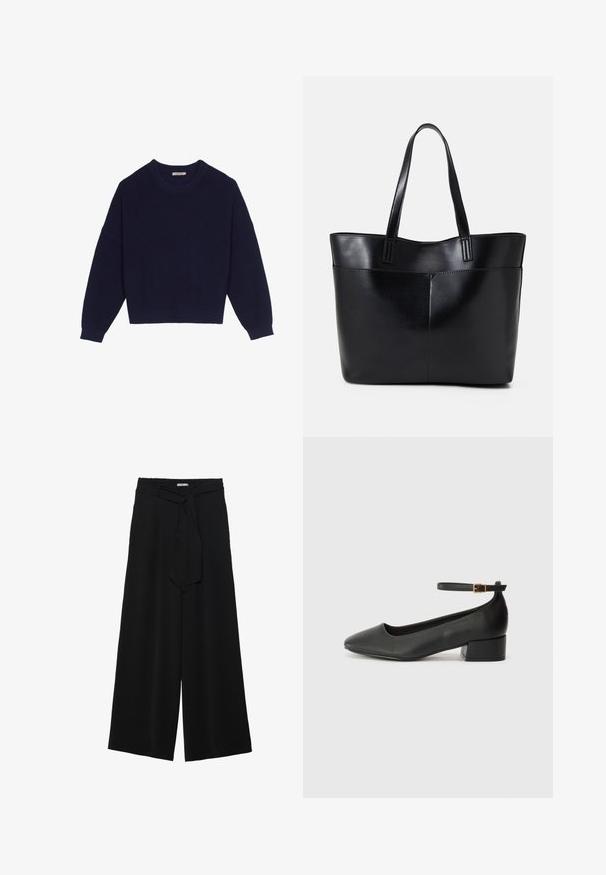 Marineblauer Strickpullover mit geribbelter Textur, Rundhalsausschnitt, überschnittenen Schultern und cropped Saum. Weicher Stoff mit langen Ärmeln.; Schwarze weite Hosen aus strukturiertem Stoff, mit elastischem Bund und einem abnehmbaren Bindegürtel in der Taille für eine verstellbare Passform.; Schwarze Lederpumps mit spitzem Zehenbereich und niedrigem Blockabsatz. Mit einem Knöchelriemen und einer goldfarbenen Schnalle. Glatte Textur.; Schwarze Leder-Shopper-Tasche mit zwei langen Griffen, einer glatten Textur und einer strukturierten Form. Verfügt über eine Vordertasche für zusätzlichen Stauraum.
