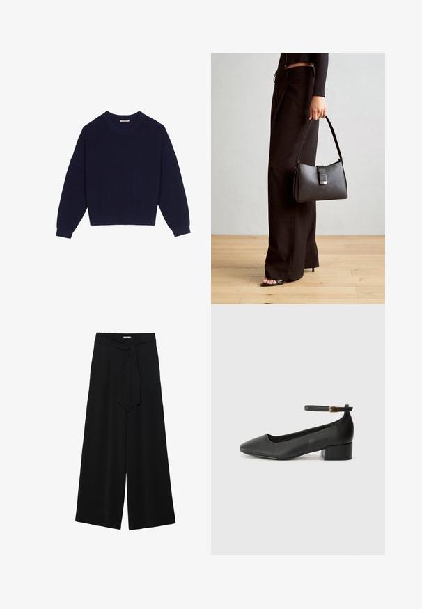 Tumesinine kudumispusa, millel on sooniktekstuur, ümmargune kaelus, langenud õlad ja lühikene hem. Pehme kangas, pikad varrukad.; Mustad laiad püksid, millel on tekstureeritud kangas, elastne vöökoht ja eemaldatav pael vööst, et reguleerida sobivust.; Must mustaapp, millel on terav nina ja madal blokk-kand. Omab pahkluu rihma koos kuldse tooni pandlaga. Sile tekstuur.; Must musta kott, millel on struktureeritud kuju, sile tekstuur ja metallist klamber. Kombineeritud laiate mustade pükstega ja avatud varvaste sandaalidega puidust põrandal.