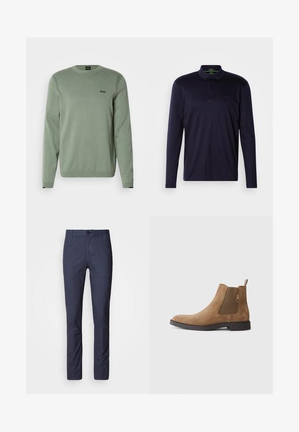 Maglione lavorato a maglia verde chiaro con maniche lunghe, collo rotondo, dettagli a coste e logo nero "BOSS" sul petto. Texture liscia.; Polo a maniche lunghe blu marina realizzato in morbido cotone, con una chiusura a tre bottoni e logo ricamato sul petto. Texture liscia.; Pantaloni blu scuro in slim fit con un motivo testurizzato sottile, dotati di chiusura a bottone e tasche tradizionali. Finitura in tessuto liscia.; Stivale Chelsea in suede marrone con pannelli elastici laterali e un pull tab. Presenta una punta arrotondata e una suola piatta in gomma per stabilità.