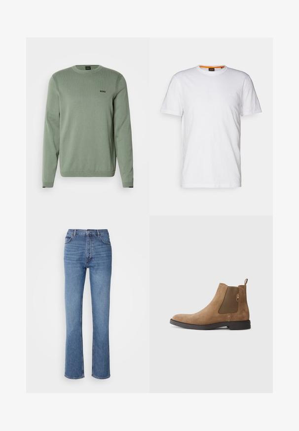 Lichtgroene gebreide trui met lange mouwen, ronde hals, geribbelde accenten en zwart "BOSS" logo op de borst. Gladde textuur.; Witte katoenen T-shirt met ronde hals, korte mouwen en een subtiel reliëflogo op de borst. Het binnenlabel heeft een oranje accent.; Blauwe denim jeans met een hoge taille, een recht pasvorm en subtiele vervaging. Kenmerkt zich door de klassieke vijf-pocketstijl en een ritssluiting.; Bruine suède Chelsea boot met elastische zijpanelen en een trekkoord. Voorzien van een ronde neus en een platte rubberen zool voor stabiliteit.