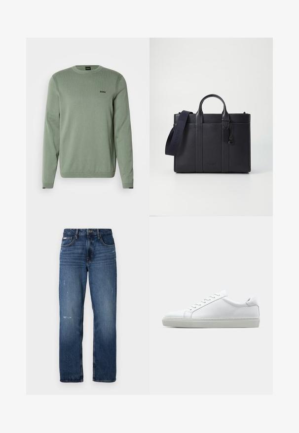 Šviesiai žalia megzta palaidinė su ilgomis rankovėmis, apvaliu kaklu, raštuotais akcentais ir juodu "BOSS" logotipu ant krūtinės. Lygus paviršius.; Mėlynos džinsinės kelnės su tiesiu klešnių dizainu. Yra šiek tiek nusidėvėjimo ir šviesių dėmių priekyje, su klasikiniu uždarymu mygtuku.; Baltas sportinis batelis su lygiu odiniu paviršiumi ir žemu profiliu. Turi suapvalintą pirštą, šešis akių skyrius ir tekstūruotą gumos padą.; Tamsiai mėlynas odinis portfelis su dviem viršutinėmis rankenomis ir nuimamu diržu. Yra tekstūruotas paviršius, vertikalios siūlės ir logotipo detalė.