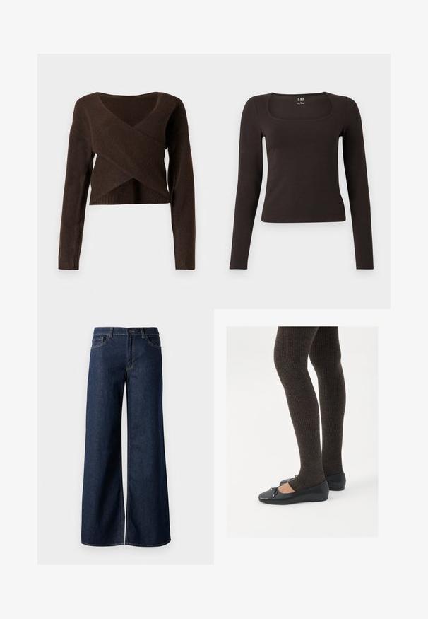 Pulover scurt, de culoare maro, confecționat dintr-un material moale, cu guler în V adânc, mâneci lungi și un design suprapus în față.; Top negru cu mânecă lungă, aderent, cu decolteu pătrat, etichetat GAP, expus pe un fundal alb.; Jeanși cu picioare largi din denim albastru închis. Prezintă cusături contrastante, cinci buzunare și o închidere cu nasture la talie. Textură netedă.; Pantofi negri cu un detaliu mic de fundiță la vârf, asortați cu colanți maro închis, cu textură ondulată. Pantofii au o textură netedă și un profil joase.