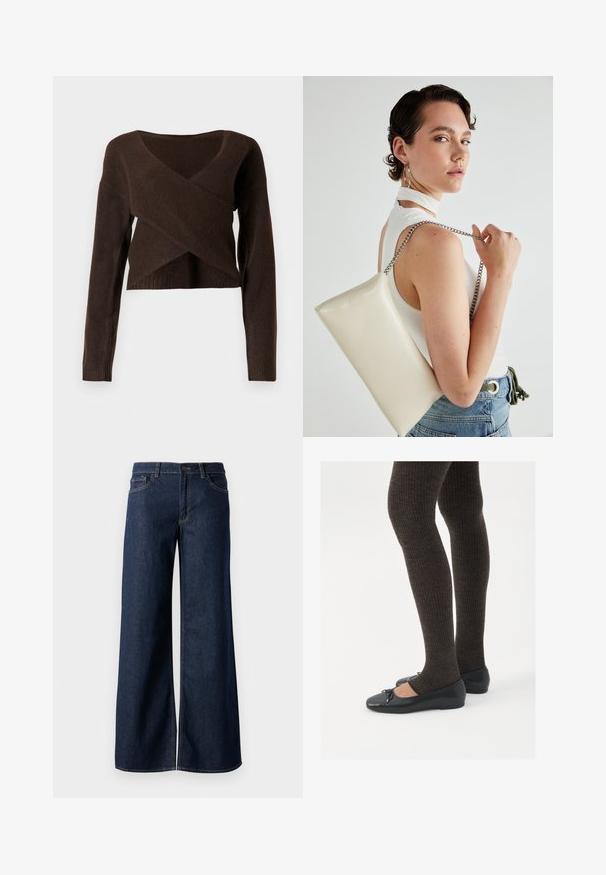Pulôver castanho cropped feito de material suave, apresentando um decote em V profundo, mangas longas e um design sobreposto na parte da frente.; Jeans de perna larga em denim azul escuro. Apresenta costura em contraste, cinco bolsos e um fecho de botão na cintura. Textura lisa.; Sapatos planos pretos com um pequeno laço na ponta, emparelhados com meias-calças caneladas castanhas escuras. Os sapatos têm uma textura suave e um design discretamente baixo.; Bolsa de mão retangular branca, feita de material brilhante, com uma alça em corrente prateada. Modelo posa, exibindo a bolsa contra um fundo simples.