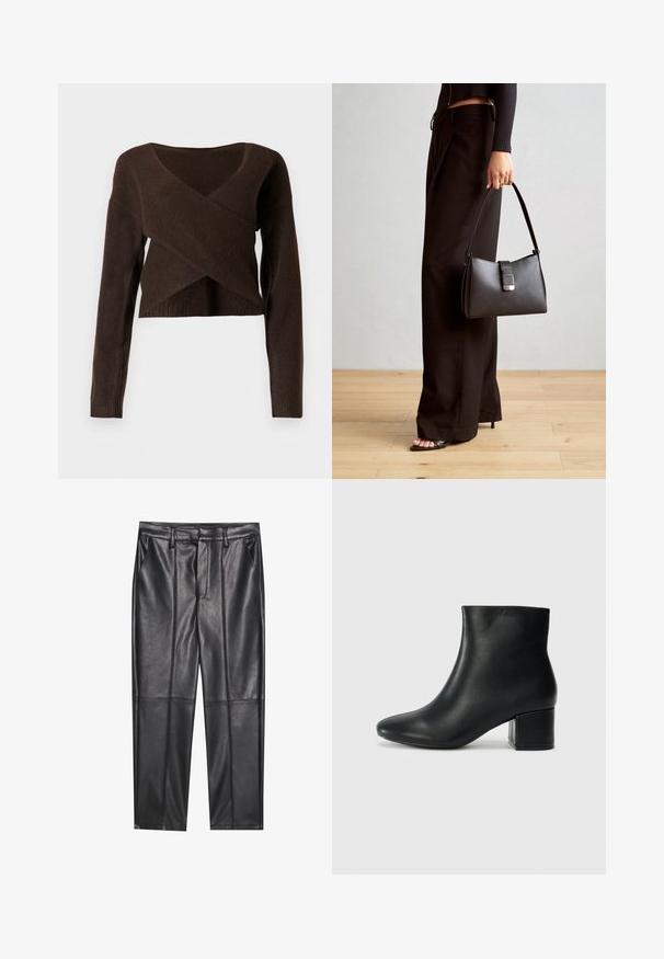 Pulôver castanho cropped feito de material suave, apresentando um decote em V profundo, mangas longas e um design sobreposto na parte da frente.; Calças de pele preta com uma textura suave, apresentando um ajuste reto, dois bolsos frontais e detalhes de costura visíveis.; Botas de tornozelo em pele preta com bico pontiagudo e um salto robusto. Textura suave com acentos mínimos e um design ajustado e elegante.; Bolsa preta com forma estruturada, textura suave e um fecho metálico. Combinada com calças largas pretas e sandálias de salto aberto sobre um chão de madeira.