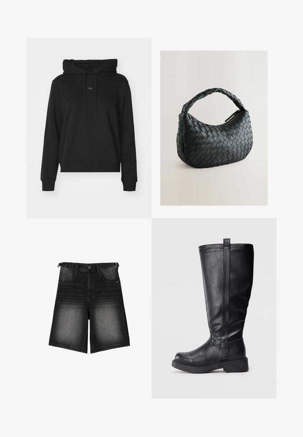 Felpa nera con cappuccio realizzata in un tessuto morbido. Presenta un cappuccio con cordino, polsini a coste e una piccola toppa con logo sulla parte anteriore.; Shorts in denim nero con una finitura scolorita, cinque tasche, chiusura con bottone e passanti per cintura. Il tessuto ha una consistenza liscia.; Stivali neri al ginocchio realizzati in morbida pelle con suola piatta, dotati di una cucitura laterale e di una piccola linguetta nella parte superiore per una facile indossabilità.; Borsa a tracolla nera intrecciata con forma arrotondata, superficie testurizzata e una robusta maniglia intrecciata. Dotata di chiusura con zip per una conservazione sicura.