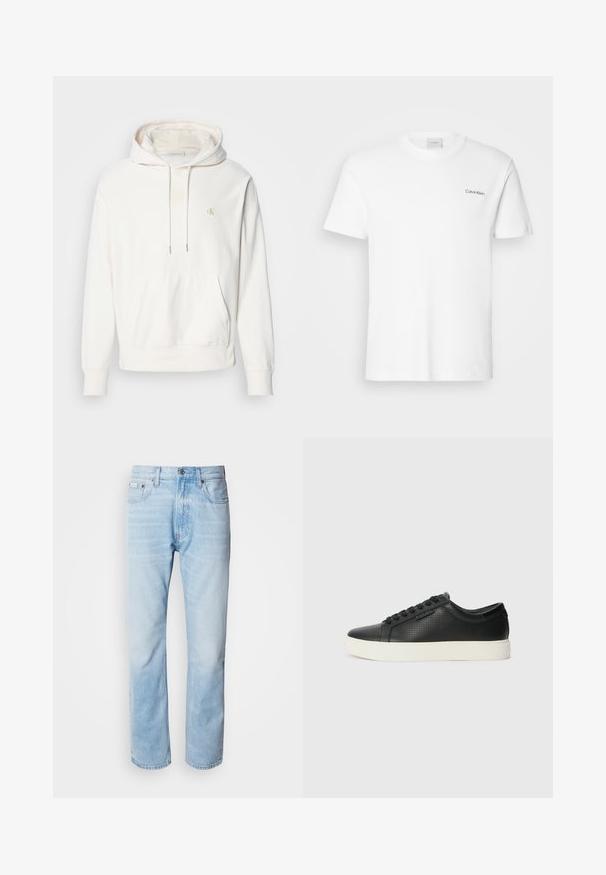 Sudadera de color crema claro con un bolsillo frontal, capucha con cordón y logo bordado en amarillo. Confeccionada con una suave tela texturizada.; Camiseta de algodón blanca con mangas cortas y un escote en forma de cuello redondo. Presenta un pequeño logotipo negro de "Calvin Klein" en el lado izquierdo del pecho.; Vaqueros de mezclilla azul claro con corte recto, con secciones desgastadas, diseño de cinco bolsillos y cierre de botones clásico.; Zapatillas de cuero negro con textura perforada, puntera redonda y suela plana de goma blanca. Presenta cordones negros y un logo sutil en el costado.