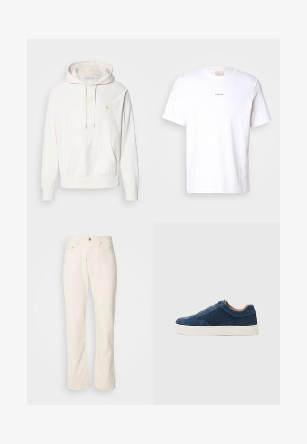 Camisola capuz de cor creme claro com um bolso frontal, capuz ajustável por cordão e logotipo bordado em amarelo. Feita de um tecido suave e texturizado.; T-shirt branca de algodão com mangas curtas, decote redondo e um pequeno logo preto "Calvin Klein" impresso na frente.; Jeans de algodão bege com um design clássico de perna reta, apresentando um fecho frontal com botão, cinco bolsos e detalhes de costura subtil.; Sapatilhas em camurça azul com sola de borracha branca, design de atacador, biqueira arredondada e interior em tom contrastante de bege. Detalhes de costura sutis.