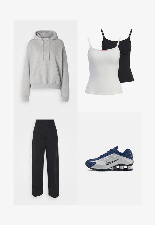 Grå hettegenser laget av en bomullsblanding, med kengurulomme, snøring ved hetten, lange ermer og ribbestrikkede mansjetter og nederkant.; To grunnleggende tank-topper i svart og hvit, laget av et glatt, elastisk stoff. Har tynne stropper og et enkelt, tettsittende design.; Svarte vide bukser laget av bomull med en glatt tekstur, med en frontlukking med knapp og to side lommer.; Blå og sølv idrettssko med en teksturert overdel, perforeringer, og en buet såle med metallisk demping. Svart logoakzent.