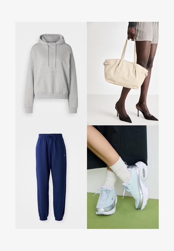 Pelēka kapuce izgatavota no kokvilnas maisījuma, ar kangarūšu kabatu, regulējamu kapuci, garām piedurknēm un ribota apakšmalu un piedurkņu galiem.; Navy zila sporta bikses, izgatavotas no mīksta auduma, ar elastīgu jostu ar auklu, elastīgiem piedurknēm un mazu balto logo.; Gaiši zili sporta apavi ar sudraba akcentiem, teksturēts augšējais pārklājums, mīksts zole un redzama gaisa vienība. Apvienoti ar baltām ribotām zeķēm.; Bežs tote soma ar gludu ādas apdari, strukturētu formu, divām rokturiem un sānu sprādžu detaļām. Apvienota ar elegantiem melniem papēžiem.