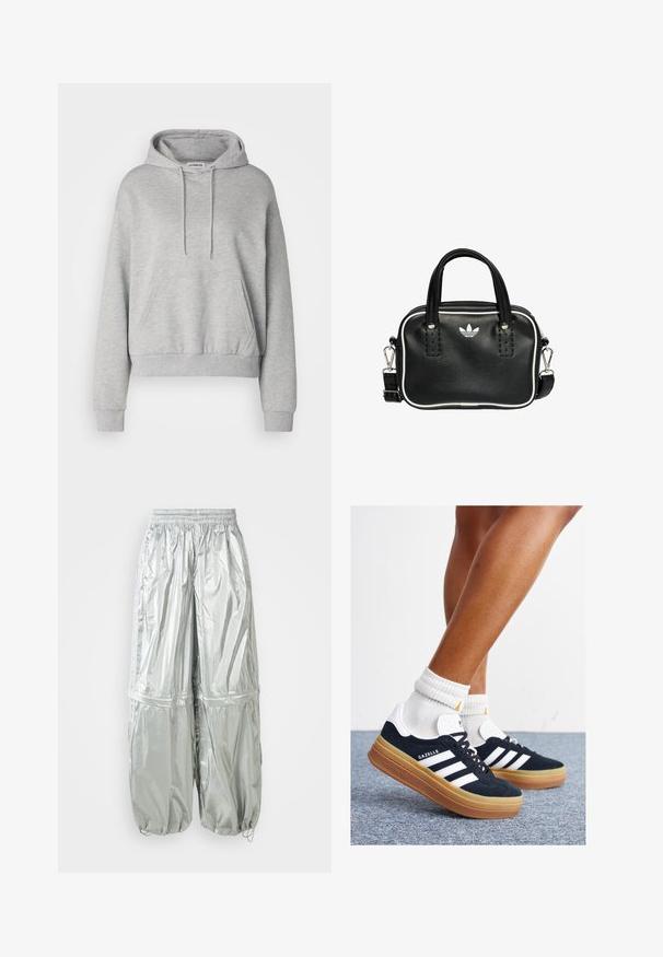 Felpa grigia in misto cotone, con tasca a kangaroo, cappuccio con cordino, maniche lunghe e polsini e orlo a costine.; Pantaloni cargo leggeri argento con texture lucida, vita elastica, polsini arricciati e due grandi tasche anteriori.; Sneakers in pelle scamosciata nera con strisce e dettagli bianchi, punta arrotondata, suola in gomma color gomme, abbinate a calzini bianchi a coste alla caviglia.; Borsa a mano in pelle nera con due manici corti, hardware argentato, dettagli bianchi e un logo bianco. Presenta una superficie strutturata e un design compatto.
