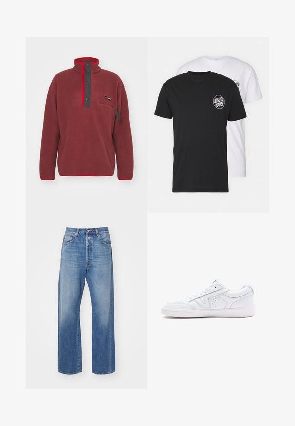 Columbia HELVETIA HALF SNAP - Fleecetrøjer - spice; Pakke med to t-shirts: en sort og en hvid. Begge har korte ærmer og et cirkulært logo på brystet i kontrastfarve. Materialet er bomuld.; Lysblå denim jeans med lige ben, der har en knaplukning, fem lommer og diskret slitage på stoffet.; Hvide lædersneakers med lavt design, rund tå, perforerede detaljer og en tekstureret sål. Snørebånd og subtile stikninger er inkluderet.