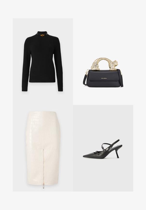 Fekete bordás pulóver hosszú ujjakkal, magas nyakkal és kontrasztos fekete gallérral, amely arany színű fém kiegészítővel díszített.; Krokodilbőr hatású, krémszínű műbőr ceruzaszoknya, hátsó cipzáras záródással és sima, fényes textúrával.; Fekete bőrszíjjal ellátott magassarkú cipő, hegyes orral, karcsú sarkával és díszes csattal a vamp részén. Simás textúra és elegáns dizájn.; Fekete bőrtáska arany macska alakú fogantyúval, elülső fedéllel, állítható pánttal és logó részlettel az alsó részen.