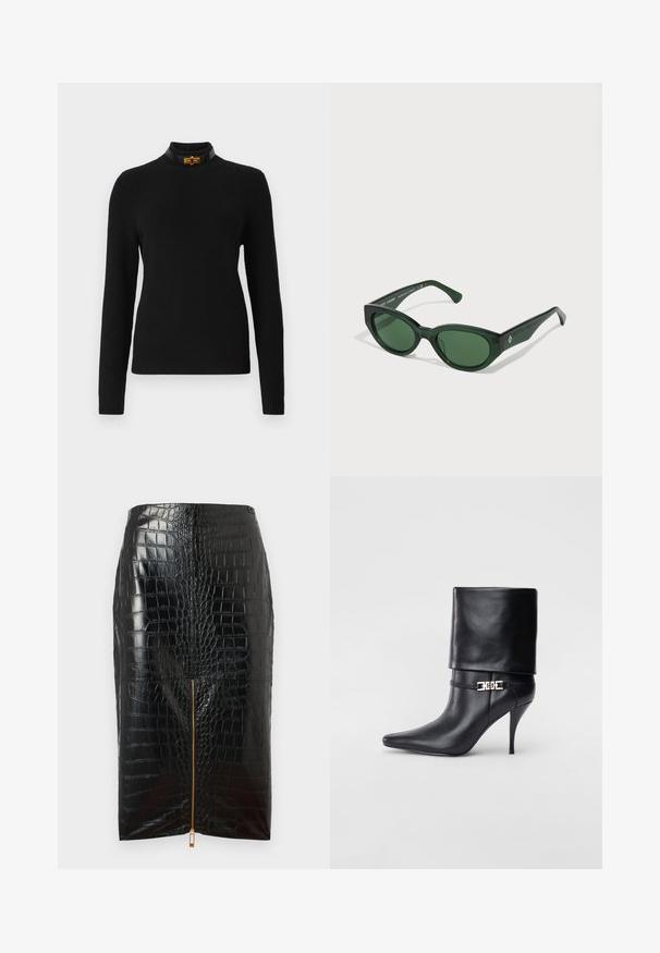 Melnā ribota džemperis ar garām piedurknēm, augstu kaklu un kontrastējošu melnu apkakli ar zeltītu aksesuāru.; Melnas mākslīgās ādas zābaku svārki ar krokodila tekstūru, ar centrālo zelta rāvējslēdzēju un gludu apdari.; Melnas ādas potīšu zābaki ar smailu purngalu, augstu stiletto papēdi, salocītu aproci un zeltītu dekoratīvu sprādzi uz potītes.; Zaļi saulesbrilles ar spīdīgu virsmu, taisnstūra formu un tumši zaļiem stikliem. Malās ir smalka logo.; Melnā ādas rokassoma ar zeltītu kaķa formas rokturi, ar priekšējo vāku, regulējamu siksnu un logo detaļu apakšējā priekšā.