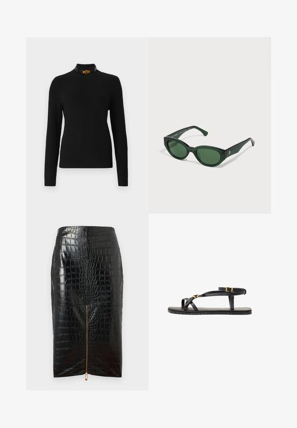 Juodas raukšlėtas megztinis ilgomis rankovėmis, aukštu kaklu ir kontrastinga juoda apykakle su aukso spalvos akcentu.; Juodas dirbtinės odos pieštuko sijonas su krokodilo tekstūra, įcentrinė auksinė užtrauktukas ir glotnus paviršius.; Juodos odinės šlepetės su plonais dirželių ir reguliuojamu kulkšnies dirželiu. Plokščias padas su tekstūruotu paviršiumi ir zigzaginiu kraštu. Minimalistinis dizainas.; Žalios saulės akinių su blizgiu paviršiumi, stačiakampiai rėmeliai ir tamsiai žalios objektyvai. Šone yra subtilus logotipas ant šventyklos.; Juodas odinis rankinukas su auksine katės formos rankena, turintis priekinę atvartą, reguliuojamą diržą ir logotipo detalę apatiniame priekyje.