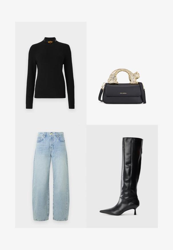 Pulover negru cu revere, cu mâneci lungi, gât înalt și un guler contrastant negru cu un accent din metal auriu.; Rochie neagră cu volane, realizată dintr-un material texturat, având multiple straturi și un guler bufant, creând o siluetă voluminoasă.; Jeans din denim de un albastru deschis, cu pantaloni largi, talie înaltă, ușoară decolorare, cinci buzunare și accesorii în ton de aur. Zăbala este dreaptă și nefinisată.; Botine negre din piele, până la genunchi, cu vârf ascuțit și toc subțire, curbat. Textură netedă, design ajustat și fără elemente de prindere sau modele vizibile.; Geantă de piele neagră cu un mâner în formă de pisică aurie, având clapetă frontală, curea ajustabilă și detaliu cu logo în partea inferioară frontală.