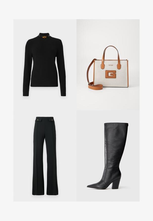 Schwarzer gerippter Pullover mit langen Ärmeln, hohem Kragen und einem kontrastierenden schwarzen Kragen mit einem goldenen Hardware-Detail.; Schwarze, hoch sitzende, ausgestellte Hose mit vorderen Nahtdetails und zwei Klappentaschen mit goldenen Knöpfen an der Taille.; Schwarze kniehohe Lederstiefel mit spitzem Zehen und klobigem hohen Absatz, von der linken Seitenansicht auf weißem Hintergrund gezeigt.; Helle Handtasche in Tan und Beige mit Logo, strukturiertem Stoff, zwei Griffen und abnehmbarem Schultergurt. Sie verfügt über goldene Buchstaben und ein markantes G-Emblem.
