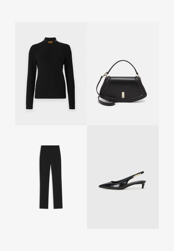 Czarny sweter prążkowany z długimi rękawami i wysokim kołnierzem, z kontrastującym czarnym kołnierzykiem z akcentem w postaci złotego elementu.; Czarne spodnie o dopasowanym kroju z prostymi nogawkami, z przednimi kieszeniami i gładką, teksturowaną tkaniną. Schludne, minimalistyczne wykończenie.; Czarne skórzane szpilki typu slingback z ostrym noskiem, posiadające smukły obcas i złoty akcent na regulowanym pasku. Gładka tekstura.; Czarna skórzana torebka o strukturalnym designie, z przyciętą formą, górnym uchwytem i złotymi akcentami. W zestawie regulowany pasek na ramię.