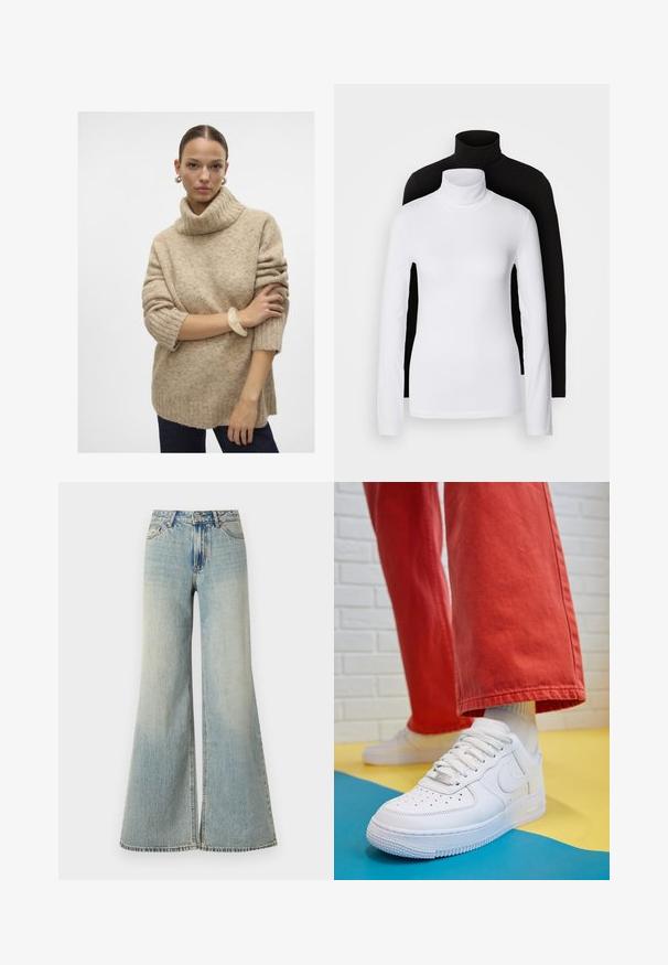 Beige strikket høyhalset genser med ribbestruktur, senkede skuldre og korte ermer, parret med et gjennomsiktig armbånd på håndleddet.; To lange ermesskjorter med høy hals, en hvit og en svart, laget av et glatt, elastisk stoff, begge med slim-fit design og høye krager.; Lyseblå vide jeans med høy midje, med en falmet finish, foran lommer og en subtil splitt nederst på bena.; Hvit lær sneakers med perforert tåboks, teksturert såle og hvite snørebånd, paret med vide røde bukser og en blå og gul bakgrunn.