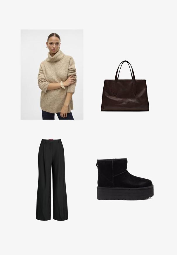 Beżowy sweter z golfem, dziergany, o prążkowanej fakturze, z obniżonymi ramionami i krótkimi rękawami, w połączeniu z przezroczystą bransoletką na nadgarstku.; Czarne spodnie o szerokich nogawkach z dopasowanym krojem, z plisami i gładką fakturą materiału. Czyste linie i brak widocznych elementów metalowych lub akcentów.; Czarne zamszowe botki za kostkę z grubą platformą i miękką podszewką. Wykończone akcentami przeszycia oraz z tylną pętelką ułatwiającą zakładanie.; Massimo Dutti - Torebka