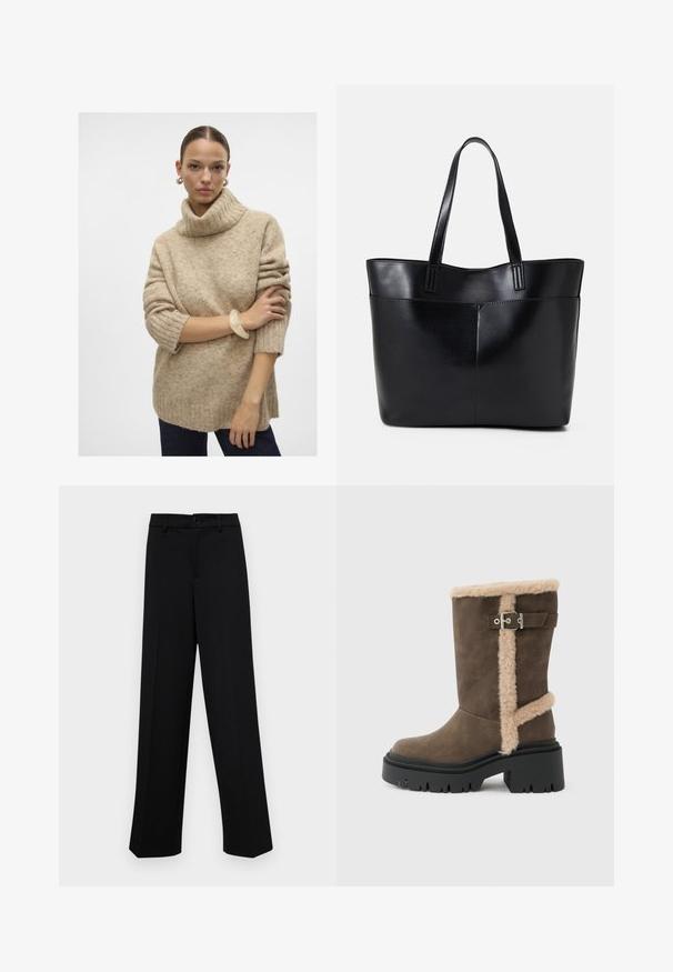 Beige knitted turtleneck sweater with ribbed texture, dropped shoulders, and short sleeves, paired with a translucent bangle on the wrist.; Black wide-leg trousers made of smooth fabric, featuring a classic waistband with a button closure and front pleats.; Brown suede ankle boot with beige fur trim, featuring a silver buckle accent and a chunky black sole with a thick tread pattern.; Black leather tote bag with two long handles, a smooth texture, and a structured shape. Features a front pocket for additional storage.