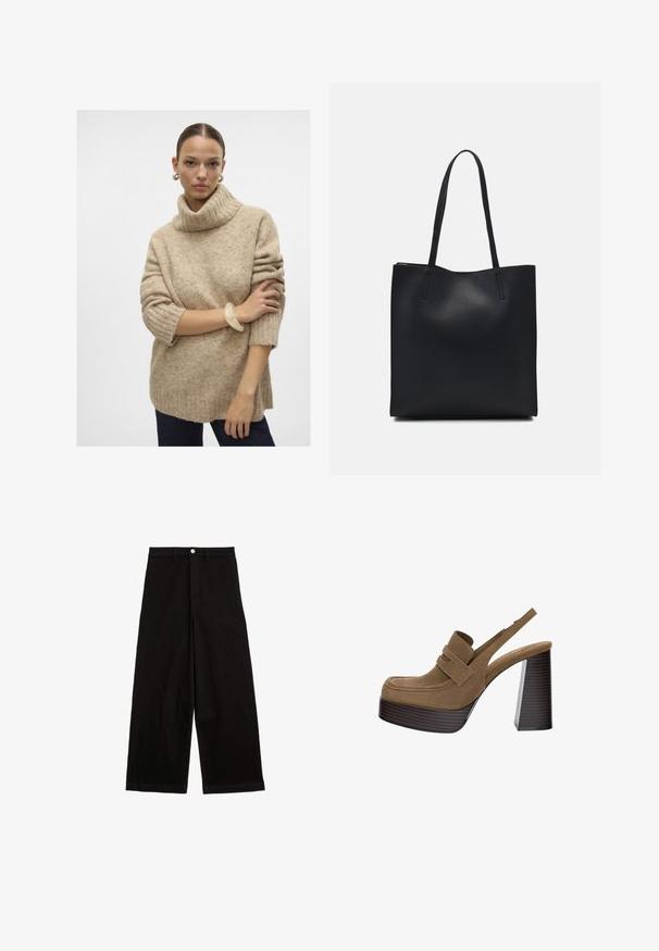 Krémový pletený rolák s vroubkovanou texturou, spadlými rameny a krátkými rukávy, doplněný průhledným náramkem na zápěstí.; Černé široké kalhoty vyrobené z bavlny. Mají pás, přední zapínání na knoflík a žádné viditelné vzory ani akcenty.; Hnědé semišové platformové podpatky s tlustým, vroubkovaným blokovým podpatkem a širokým páskem přes nárt, s kulatou špičkou.; Černá kožená taška přes rameno s hladkým povrchem, obdélníkovým tvarem a dvěma dlouhými uchy. Žádné viditelné kování ani ozdoby.