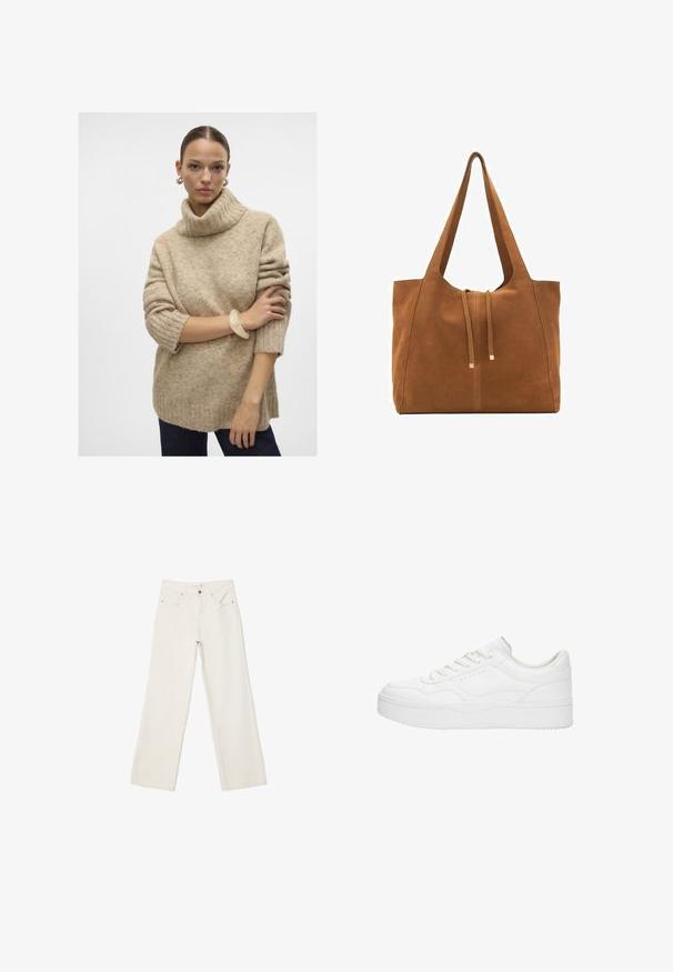 Maglione beige a collo alto lavorato a maglia con texture a coste, spalle basse e maniche corte, abbinato a un bracciale traslucido al polso.; Jeans bianchi a gamba larga in denim, con vita alta, tasche anteriori e chiusura con bottone. Design pulito e minimal con pochi dettagli.; Sneakers bianchi con lacci, upper in pelle liscia, punta arrotondata, suola a piattaforma rialzata e design minimalista. Accenti perforati sui lati.; Borsa a tracolla in suede marrone con due lunghe cinghie, chiusura con cordoncino e design minimalista. Texture liscia e senza elementi hardware visibili.