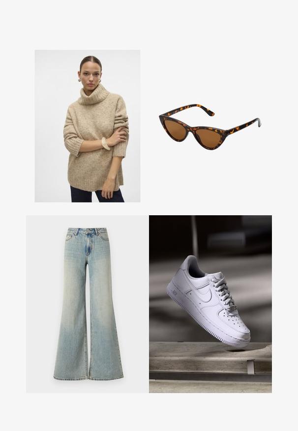 Beige gestrickter Rollkragenpullover mit Rippstruktur, überschnittenen Schultern und kurzen Ärmeln, kombiniert mit einem durchsichtigen Armreif am Handgelenk.; Helle blaue weit geschnittene Jeans mit hoher Taille, die einen verblassten Look, Gesäßtaschen und einen subtilen Schlitz am unteren Ende der Beine aufweisen.; Weißer Nike Air Force 1 Sneaker schwebt über einer Betonoberfläche mit Schatten in einem minimalistischen Umfeld.; Katzenaugen-Sonnenbrille mit einem schwarz-orangenen Schildpattrahmen, braunen Gläsern und schlanken, spitzen Enden. Verfügt über ein minimalistisches Logo am Bügel.