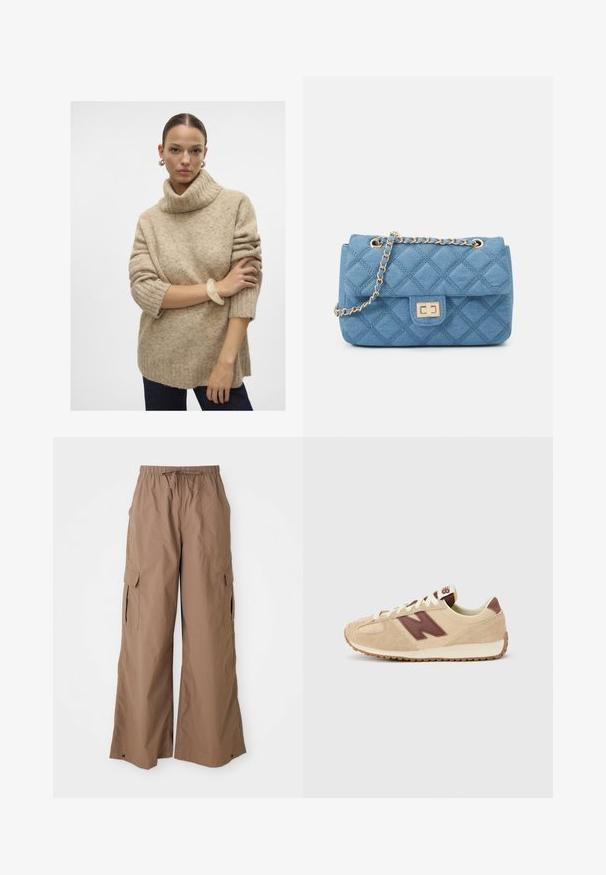 Beige strikket høyhalset genser med ribbestruktur, senkede skuldre og korte ermer, parret med et gjennomsiktig armbånd på håndleddet.; Brune, løstsittende cargo bukser med snor i midjen og sidelommer med klaff, bred ben design, vist mot en hvit bakgrunn.; Beige semsket skinn sneaker med en brun aksentlogo, kremfargede lisser og teksturert gummisåle. Har lav profil og rundet tupp.; ONLY ONLFLORENCE CROSSBODY BAG - Skulderveske - blue denim/gold