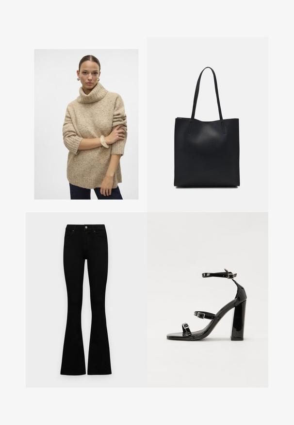 Beige gebreide coltrui met ribbelstructuur, verlaagde schouders en korte mouwen, gecombineerd met een doorschijnende armband om de pols.; Zwarte hoge taille jeans met een knoop- en ritssluiting, voorzakken en een flared pijp, plat gelegd op een witte achtergrond.; Zwarte gepatenteerde sandalen met hak en een vierkante neus, enkelbandjes en zilveren gespen. Heeft een stevige blokhak voor stabiliteit.; Zwarte leren handtas met een gladde textuur, rechthoekige vorm en twee lange handvaten. Geen zichtbare hardware of versieringen.