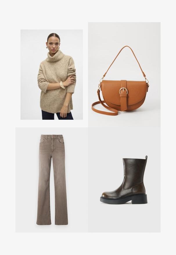 Beige strikket høyhalset genser med ribbestruktur, senkede skuldre og korte ermer, parret med et gjennomsiktig armbånd på håndleddet.; Brune høy midje rette jeans med frontknapp, beltesløyfer og klassisk fem-lomme design på hvit bakgrunn.; Mørkebrun skinnstøvlett til midt på leggen med rund tå, tykk svart såle, lav blokkhel og trekkflik bak.; Brun lærcrossbody-veske med en buet form, gullhardware og et spenneakcent. Har en avtakbar skulderreim.