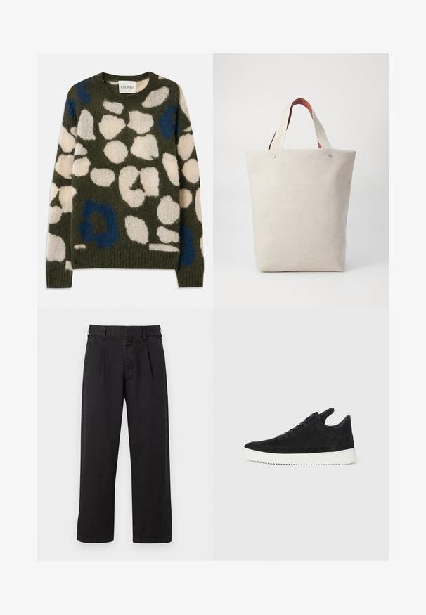 Olíva zöld kötött pulóver fehér és kék absztrakt foltokkal. Kerek nyakkivágású, bordázott mandzsettákkal és szegéllyel rendelkezik. Puha, texturált anyag.; Fekete pamut nadrág egyenes szabással, redőzött elülső résszel, övhurkokkal és gombos záródással. Simább textúra, minták nélkül.; Fekete nubuk sportcipő fehér gumitalppal, tónusos varrással és fűzős kialakítással. Simák a textúrája, modern, letisztult formával rendelkezik.; Világos bézs szövetből készült tote táska textúrázott felülettel, két kontrasztos barna bőrkarral és fém kiegészítőkkel a tetején.