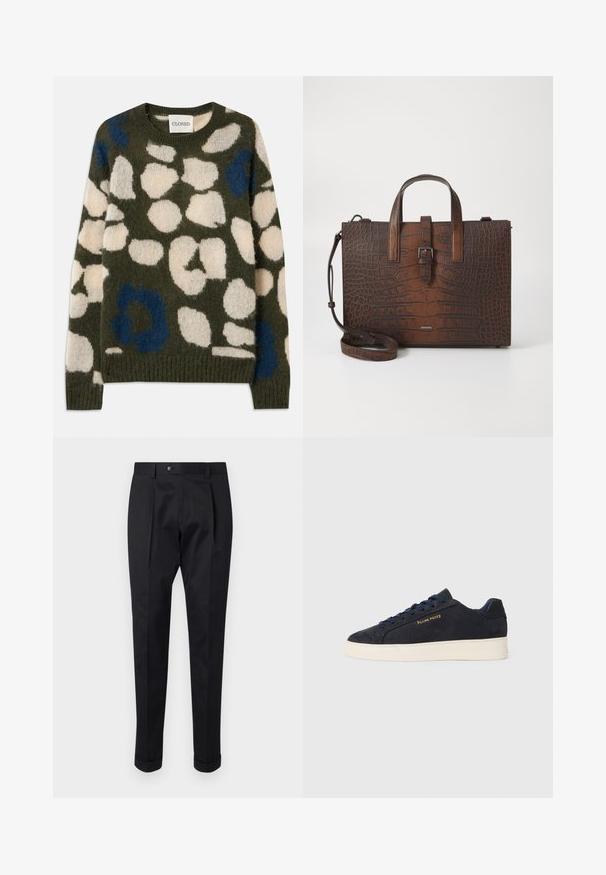 Žalias megztinis su baltomis ir mėlynomis abstrakčiomis dėmėmis. Apvali iškirptė ir veliūro apyrankės bei apatinė dalis. Minkšta, tekstūruota medžiaga.; Juodos kelnės pagamintos iš lygaus audinio, su raukšle priekyje, mygtuko uždarymu ir suknežintomis rankovėmis ties kulkšnimi.; Tamsiai mėlynos zomšos žemos batai su balta siaura, tamsiai mėlynais raišteliais ir auksiniu logotipu „Filling Pieces“ šone.; Rudos krokodilo rašto odos rankinė su viršutinėmis rankenomis ir nuimamu peties dirželiu. Yra sagties užsegimas ir stačiakampis pavidalas.