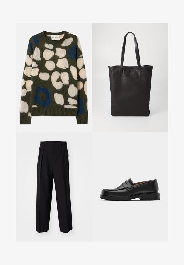 Pulover tricotat în verde măsline, cu pete abstracte albastre și albe. Are un gât rotund și manșete și tiv cu model canalé. Material moale, texturat.; Pantaloni negri plisat cu un design drept și pantaloni largi. Construiți dintr-un material neted, prevăzuți cu închidere cu nasture și bucle pentru curea.; Mocasinii din piele neagră au o cusătură ridicată, două bare decorative pe partea superioară și o talpă groasă texturată pentru o aderență suplimentară.; Geantă de umăr din pânză neagră cu mânere din piele neagră. Design simplu, corp spațios și textură netedă. Fără logo-uri sau modele vizibile.