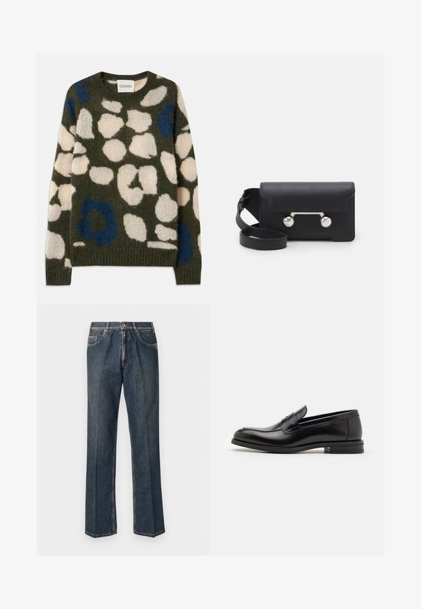 Suéter de punto en verde oliva con manchas abstractas en blanco y azul. Presenta un cuello redondo y puños y dobladillo acanalados. Tejido suave y texturizado.; Vaqueros de mezclilla de pierna recta en azul oscuro con botón frontal, cremallera, dobles bolsillos frontales y pliegues verticales visibles a lo largo de las piernas.; Mocasines de cuero negro con una textura suave, puntera redondeada y una tira decorativa en el empeine. Tacón bajo apilado, diseño minimalista.; Bolso cruzado de cuero negro con cierre de solapa, herrajes en tono plata y dos acentos redondos. Cuenta con una correa desmontable. Textura suave.