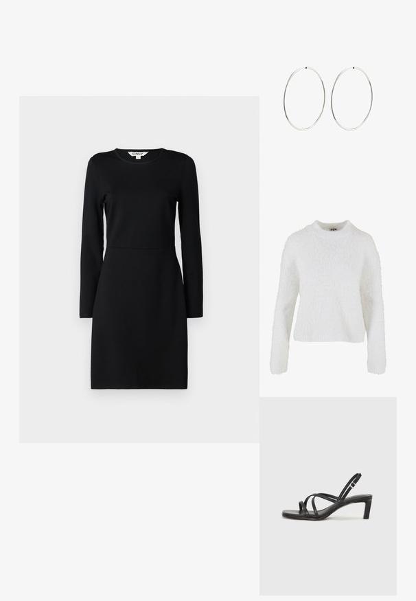 Bijela, pahuljasta džemperica izrađena od mekog materijala. Ima okrugli izrez i dugačke rukave sa opuštenim krojem. Nema uzoraka niti ukrasa.; Crna haljina dugih rukava s okruglim izrezom. Prilagođen silueta s detaljem šava na struku. Meki materijal, glatka tekstura. Bez uzoraka ili ukrasa.; Crne sandale s trakama, kvadratnim prstom i niskom blok petom. Ima više tankih trakica i podesivu trakicu oko gležnja. Izrađene su od glatke kože.; Crna kožna torba preko tijela s glatkom teksturom, pravokutnim oblikom i metalnim lancem na prednjoj strani. Uključena je podesiva naramenica.; Srebrne naušnice od obruča s glatkim, okruglim dizajnom i poliranim završetkom. Tanak su i lagani, s jednostavnim zatvaranjem.