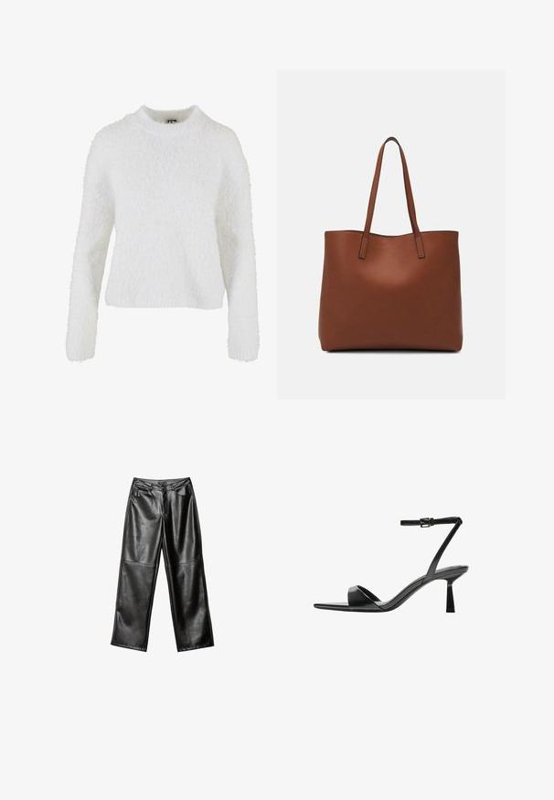 Bijela, pahuljasta džemperica izrađena od mekog materijala. Ima okrugli izrez i dugačke rukave sa opuštenim krojem. Nema uzoraka niti ukrasa.; Crne kožne hlače širokog kroja sa glatkom teksturom, dizajnom s pet džepova i šivenim detaljima duž nogu i struka.; Bershka Sandale s visokom petom - black; Smeđa kožna torba preko ramena s glatkom teksturom, otvorenim vrhom i dvjema naramenicama. Ima minimalne šavove i nema vidljivog hardvera.