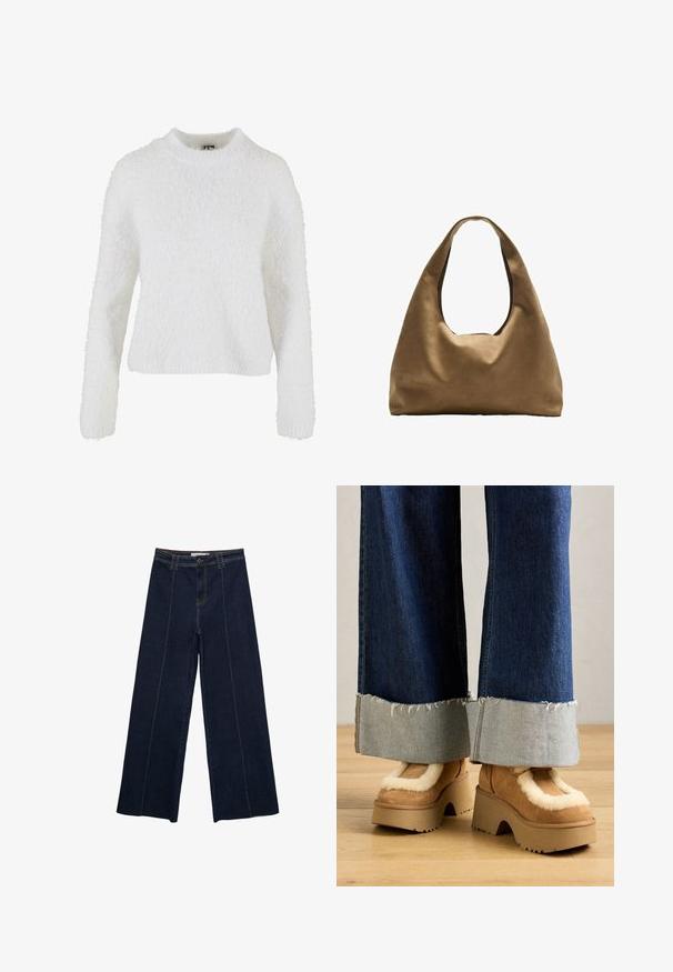 Bijela, pahuljasta džemperica izrađena od mekog materijala. Ima okrugli izrez i dugačke rukave sa opuštenim krojem. Nema uzoraka niti ukrasa.; Hlače od tamnog jeansa s širokim nogavicama, kontrastnim šavovima, visokim strukom i ravnim krojem. Imaju prednje džepove i klasično zatvaranje na gumb.; Smeđe antilop čizme na platformu s kremastim krznom, u paru s širokim trapericama s rastrganim rubovima i svjetlijim traper rukavima.; Smeđa platnena torba za rame s širokim, zaobljenim tijelom i velikim izrezanim drškom. Mekana tekstura, minimalistički dizajn i bez vidljivog hardvera.