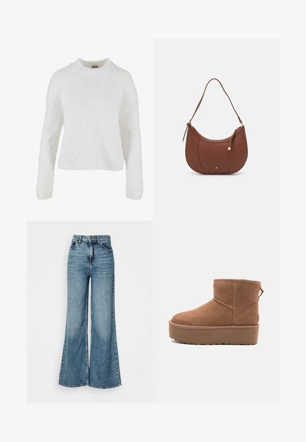 Vit, fluffig tröja gjord av mjukt material. Har en rund halsringning och långa ärmar med en avslappnad passform. Inga mönster eller utsmyckningar.; Högmidjade, ljusblå jeans med vida ben och framfickor samt knapplås, visade mot en enkel vit bakgrund.; Tan mockasköna med plattformssula, rund tå och broderade detaljer; har en dragflik baktill för enkel påtagning.; Brun faux läder axelväska med rundad form, minimal sömnad och detaljer i guldfärgad hårdvara. Har en övre dragkedjestängning och justerbar rem.