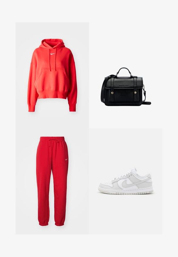 Sudadera de algodón roja con bolsillo tipo canguro, diseño de pullover y capucha con cordón. Cuenta con un logo blanco de Nike en el pecho.; Pantalones de chándal rojos de Nike con cinturilla elástica, cordón y puños. El diseño sencillo presenta un pequeño logo blanco de Nike. Textura de algodón suave.; Zapatillas blancas de cuero con acentos grises, puntera perforada, cordones planos, cuello acolchado y suela de goma texturizada.; Bolso de hombro de cuero negro con un diseño estructurado, asa superior, correa ajustable, tapa frontal y acentos metálicos. Presenta la marca en la parte delantera.