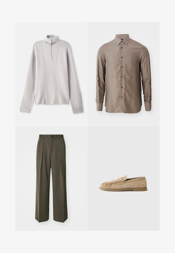 Pull-over en polaire gris clair avec un col zippé mi-hauteur, des manches longues, et un petit logo sur la poitrine. Texture douce et coupe décontractée.; Chemise à manches longues de couleur taupe, en tissu lisse, avec un devant à boutons et des boutons foncés, ornée d'un petit logo sur la poitrine.; Filippa K WIDE TROUSERS - Pantalon classique - driftwood; Mocassins slip-on en daim beige avec un design froncé, dotés d'une semelle plate et d'une bande décorative sur le devant. Texture lisse.