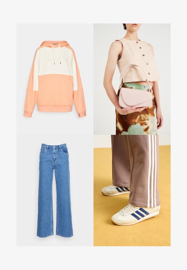 Hoodie in Pfirsich- und Weiß mit Farbblockdesign, Kängurutasche, verstellbarem Zugband an der Kapuze und emblemiertem "ROXY"-Logo auf der Brust.; Blaue Jeans mit weitem Bein und hoher Taille, ausgestattet mit zwei Fronttaschen und einem Knopfverschluss. Der Stoff hat eine leicht strukturierte Oberfläche.; Cremfarbene Sneaker mit blauen Wildlederstreifen, weißen Schnürsenkeln und einer Gummisohle. Kombiniert mit grauen Jogginghosen mit weißen Seitenstreifen.; Rosa Lederhandtasche mit gewölbtem Deckel, einem Schulterriemen und klaren Linien. Die Tasche zeigt eine glatte Textur und ein minimalistisches Design.