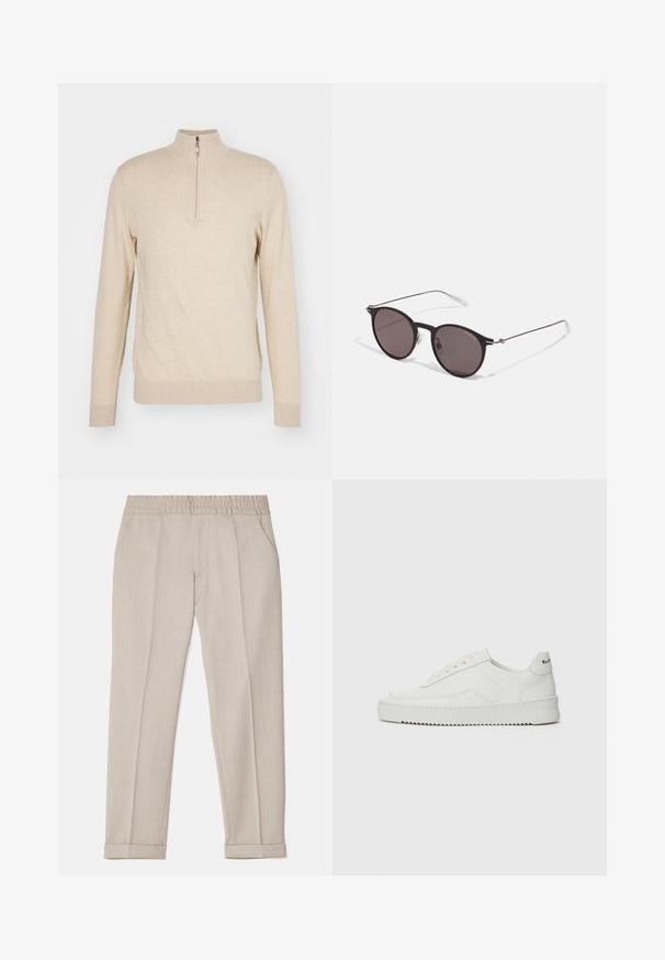 KNITID CASHMERE BLEND EASY FIT HALF ZIP - Džemperis - sable; Filippa K TERRY CROPPED TROUSERS - Auduma bikses - sage melange; Baltas ādas sneakers ar gludu virsmu, apaļu pirkstu daļu, plakaniem šņorēm un teksturētu zoli. Satur diskrētu logotipu uz papēža.; Melni apaļi saulesbrilles ar tumšiem lēca un plānām metāla stangām. Iekļautas caurspīdīgas tempļu galviņas un sudraba akcenti pie eņģes. Minimalistisks dizains.