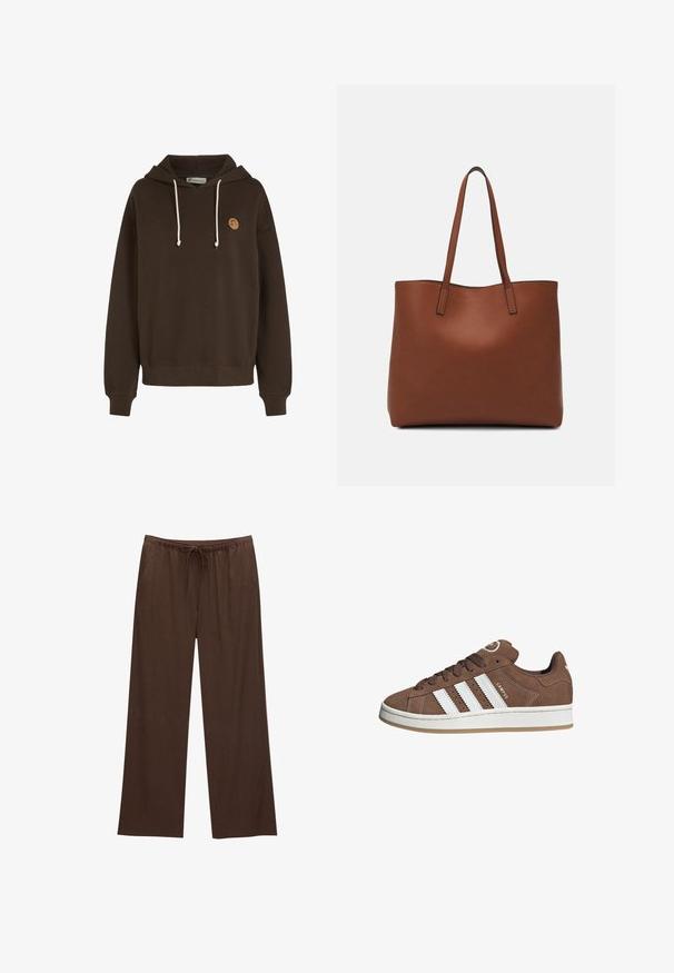 Bruine katoenen hoodie met verstelbare koordjes, geribde manchetten en een klein logo-opdruk aan de voorkant. Comfortabel en casual ontwerp.; Bruine wijde broek gemaakt van zachte stof, met een elastische tailleband en een trekkoord, en twee zijzakken.; Bruine suède sneaker met witte leren strepen, rubberen zool, ronde neus en vetersluiting. Kenmerkt zich door een logo op de tong en geperforeerde accenten.; Bruine leren tote bag met een gladde textuur, een ontwerp met een open bovenkant en twee schouderbanden. Kenmerkt zich door minimale stiksels en geen zichtbare hardware.