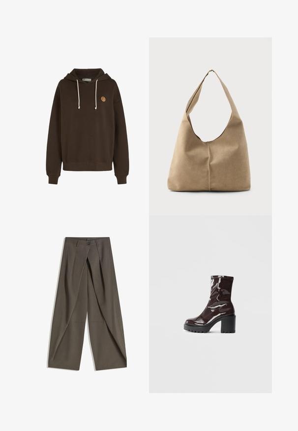 Brun bomulds hættetrøje med justerbare snore, ribbede manchetter og et lille logo patch på forsiden. Komfortabel og afslappet design.; Vide bukser lavet af et struktureret, mørkegråt stof. Har en frontfald, knaplukning og sidelommer for praktisk anvendelse.; Glatte burgunder ankelstøvler med en chunky sort hæl, der har en glat tekstur og et simpelt design. Ingen synlige lukninger eller mønstre.; Hobo taske i blød beige ruskind med en afslappet form, bred skulderrem og håndsyet sømdetalje langs fronten.