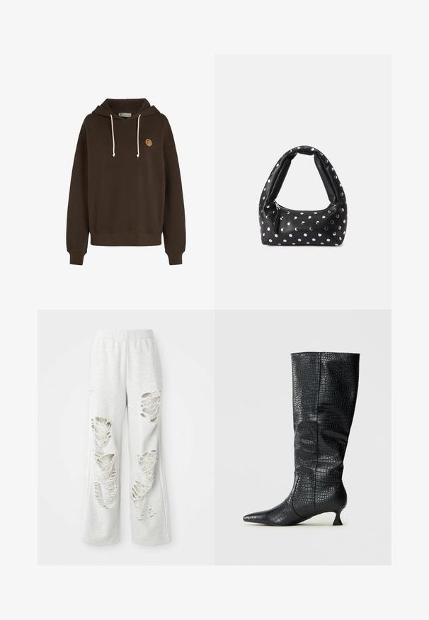 Felpa con cappuccio in cotone marrone, dotata di cordino regolabile, polsini a costine e una piccola etichetta con logo sul davanti. Design comodo e informale.; Pantaloni della tuta grigi chiari con una vestibilità ampia, caratterizzati da numerosi strappi, una texture morbida e una vita elastica.; Stivali neri in ecopelle al ginocchio con una finitura lucida effetto coccodrillo, punta affusolata e tacco sottile e angolare. Design classico e silhouette slanciata.; Borsa in pelle nera con manico curvo, decorata con dettagli a pois argentati e con chiusura a zip su un lato.
