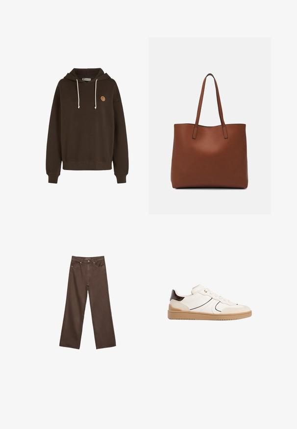 Brahna hoodie iz bombažem, z nastavljivimi vrvicami, ribastimi manšetami in majhnim logotipom na sprednjem delu. Udobna in sproščena zasnova.; Široke rjave kavbojke iz denima, ki imajo visok pas, sprednje žepe in klasično zapiranje na gumb. Gladka tekstura s subtilnim šivom.; Stradivarius Športni copati - white; Rjava usnjena torba z gladko teksturo, odprto zasnovo zgoraj in dvema naramnima trakovoma. Opremljena je z minimalnim šivanjem in brez vidnih kovinskih delov.