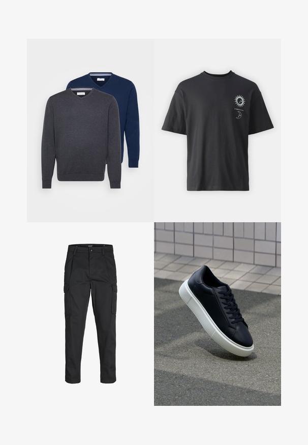 Zwei V-Ausschnitt-Pullover in Dunkelgrau und Marineblau, aus einem weichen Stoff mit gerippten Bündchen und einem gestreiften Detail im Halsauschnitt.; Schwarzes Baumwoll-T-Shirt mit kurzen Ärmeln, Rundhalsausschnitt und Vordergrafik eines Sonnen- und Mondmotivs, begleitet von dem Text "Le Soleil et La Lune."; Schwarze Cargo-Hose aus robustem Material, mit mehreren Taschen, einem Knopfverschluss und einem Slim-Fit-Design mit schmal zulaufenden Beinen.; Schwarze Leder-Sneaker mit runder Zehenpartie und weißer Gummisohle. Verfügt über flache Schnürsenkel und minimale Nähte im Obermaterial. Strukturiertes Sohlenprofil für besseren Halt.