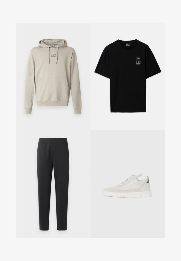 Jasnobeżowa bluza z kapturem ze ściągaczem, kieszenią kangurka i logo EA7 na piersi. Tkanina wydaje się miękka o gładkiej fakturze.; Czarna bawełniana koszulka z krótkim rękawem, okrągłym dekoltem i małą metką z logo z przodu z białymi symbolami pielęgnacyjnymi.; Czarne spodnie dresowe z miękkiego materiału, z elastycznym paskiem, prostymi nogawkami oraz małym logo z boku.; Białe skórzane trampki z szarymi zamszowymi akcentami, sznurowany design, uchwyt oraz teksturowana gumowa podeszwa z wzorem w zygzak.